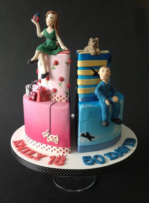 two cakes decorated to look like people sitting on top of each other