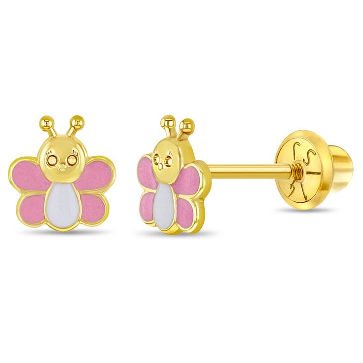 A beautiful pair of unique butterfly earrings that was specially crafted with your little girls style and comfort in mind. Made from 14k yellow gold and with sweet pink and white enamel details, this delicate pair of earrings are ideal for a toddler girl. These screw back earrings for toddlers make a thoughtful gift for birthdays or any other special occasion. These earrings also features safety screw backs, making them suitable for children with sensitive skin. Gift box included. Age Group: Lovely for Toddlers & Little Girls; Safe for Sensitive Skin Material: 14k Yellow Gold Earring Size: 7mm x 6mm butterfly, (pink & white) enamel; 7mm Threaded earring post Color: Pink & White Enamel Metal Stamp: 14k Gift Box Included Child Safe Earring Backs, Baby Girl Earrings, Pink Butterfly Earrings For Summer, Cute Pink Butterfly Earrings, Whimsical Pink Enamel Earrings, Teen Necklaces, Teen Earrings, Unique Butterfly, Baby Necklace