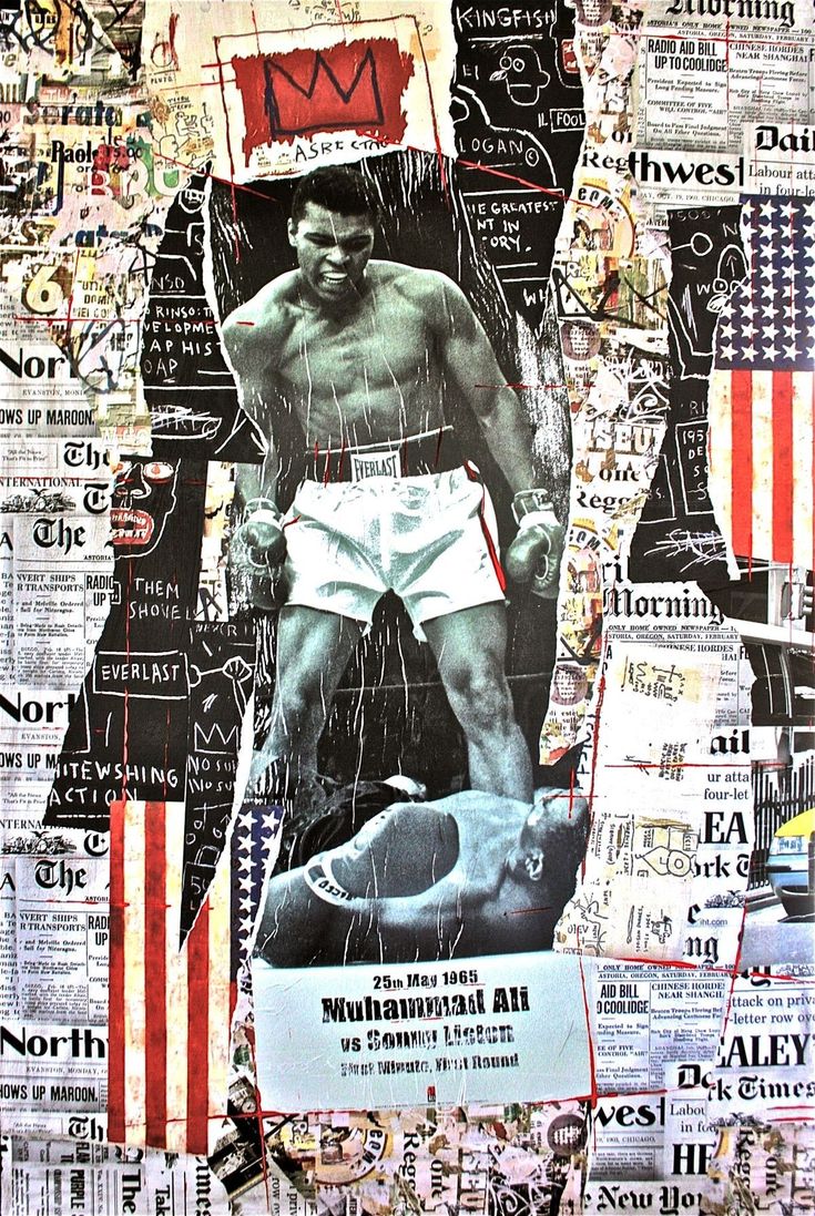 a collage of newspaper clippings with an image of a boxer on it