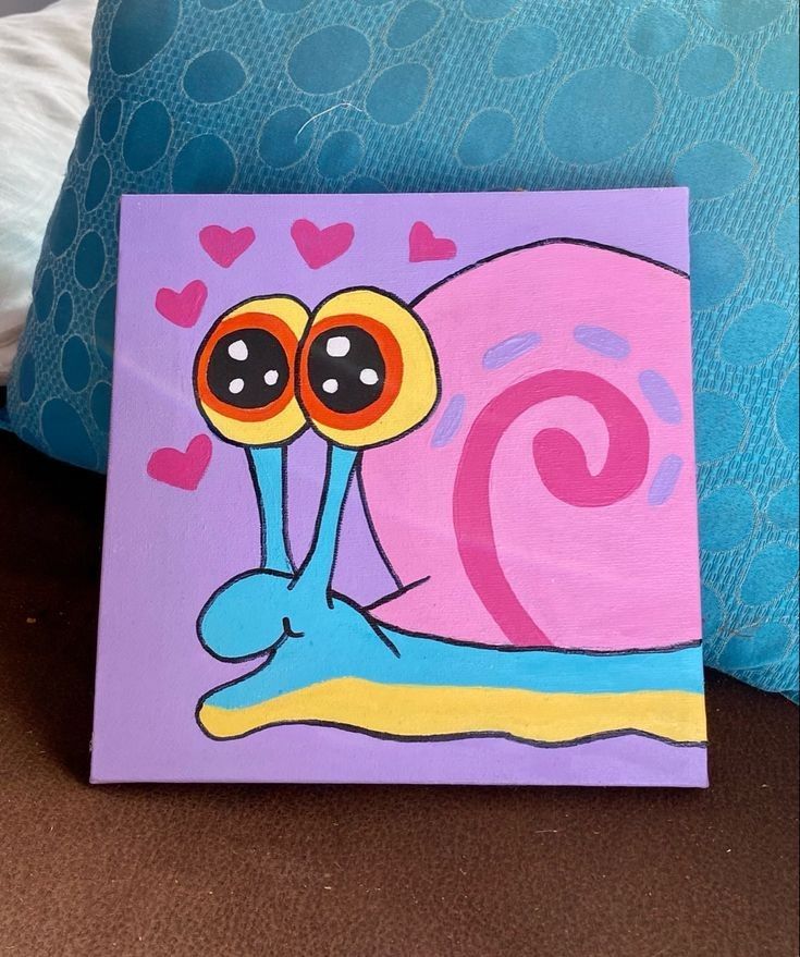 an acrylic painting of a snail on a purple and blue background with hearts