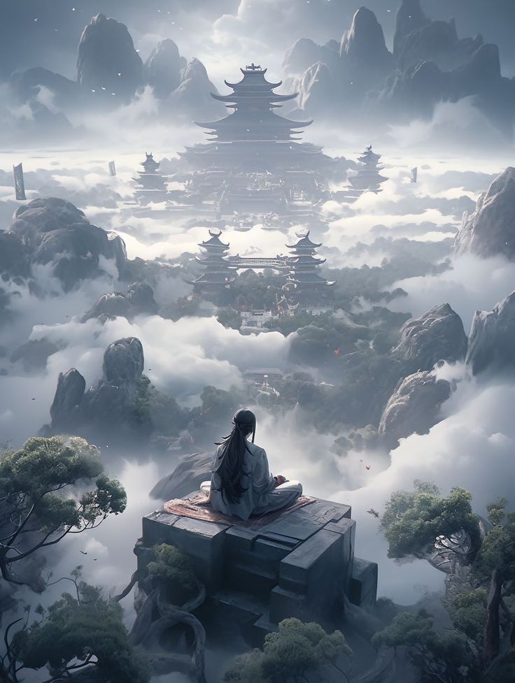 a woman sitting on top of a building surrounded by clouds