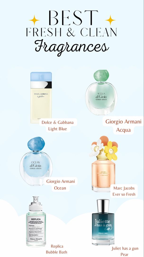 These fresh and clean perfumes are perfect for spring, summer, or daytime. If you are a fresh and clean scent girl, then here’s my top 6 fresh and clean fragrances Different Perfume Scents, Fresh And Clean Scent, Perfume Clean Scent, Light Scented Perfumes, Spring Fragrance For Women, You Smell Clean, Fresh Clean Perfume, Fresh Clean Smelling Perfume, Fresh Fragrances For Women