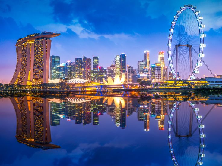 the singapore skyline is lit up at night with ferris wheel in foreground and other skyscrapers