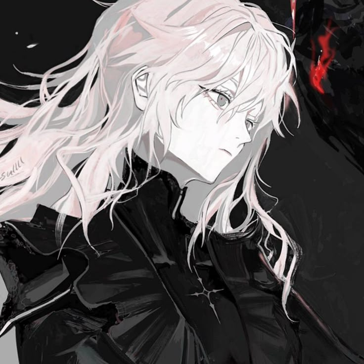 an anime character with long white hair and black clothes, standing in front of a dark background