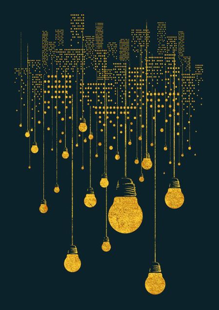 an image of many light bulbs hanging from the ceiling with city lights in the background