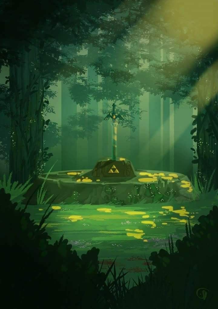 a painting of a fountain in the middle of a forest