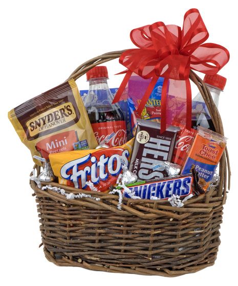 a basket filled with snacks and candy