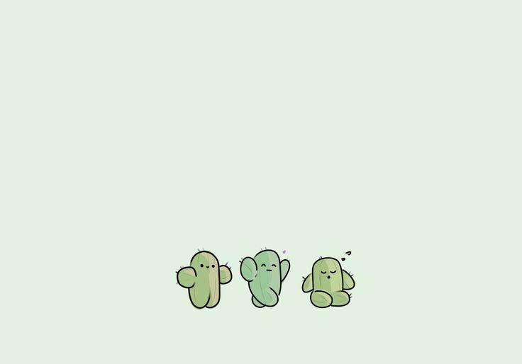 three small green cactuses sitting in the middle of a light green background, with two smaller ones facing each other