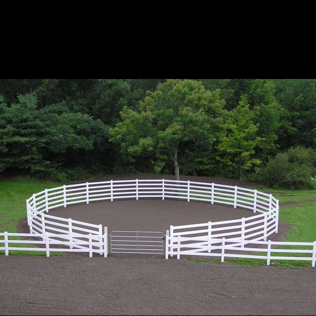 a white fenced in horse pen with trees in the background