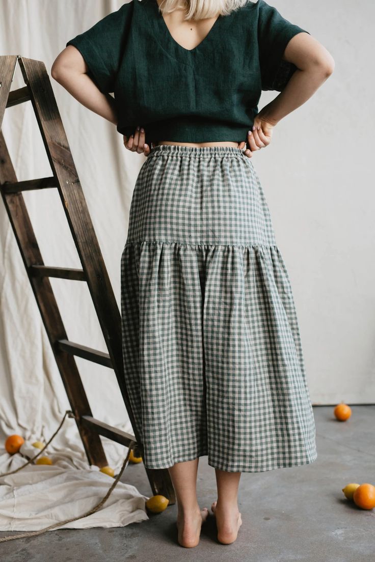 Women's Linen Skirt VAKARĖ. Long Linen Skirt for Women in Green Gingham. Elegant Skirt for Women - Etsy Long Linen Skirt, Finnish Fashion, Green Gingham, Knit Bottom, Skirt For Women, Sunshine Yellow, Elegant Skirt, Half Zip Sweaters, Linen Skirt