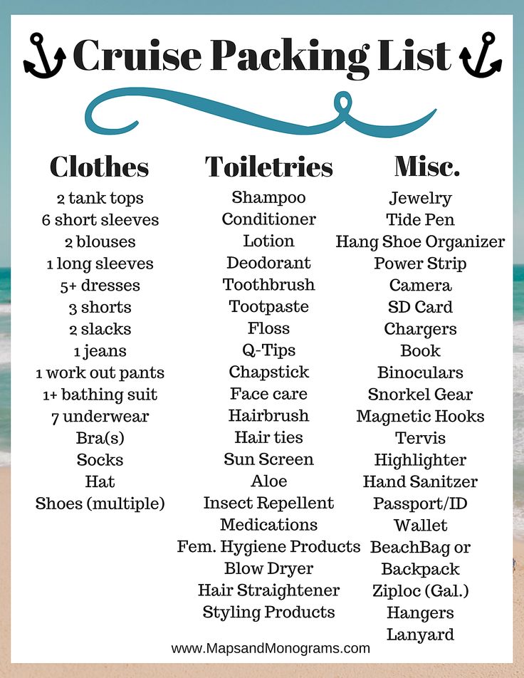 the cruise packing list is shown in blue and white, along with an ocean background