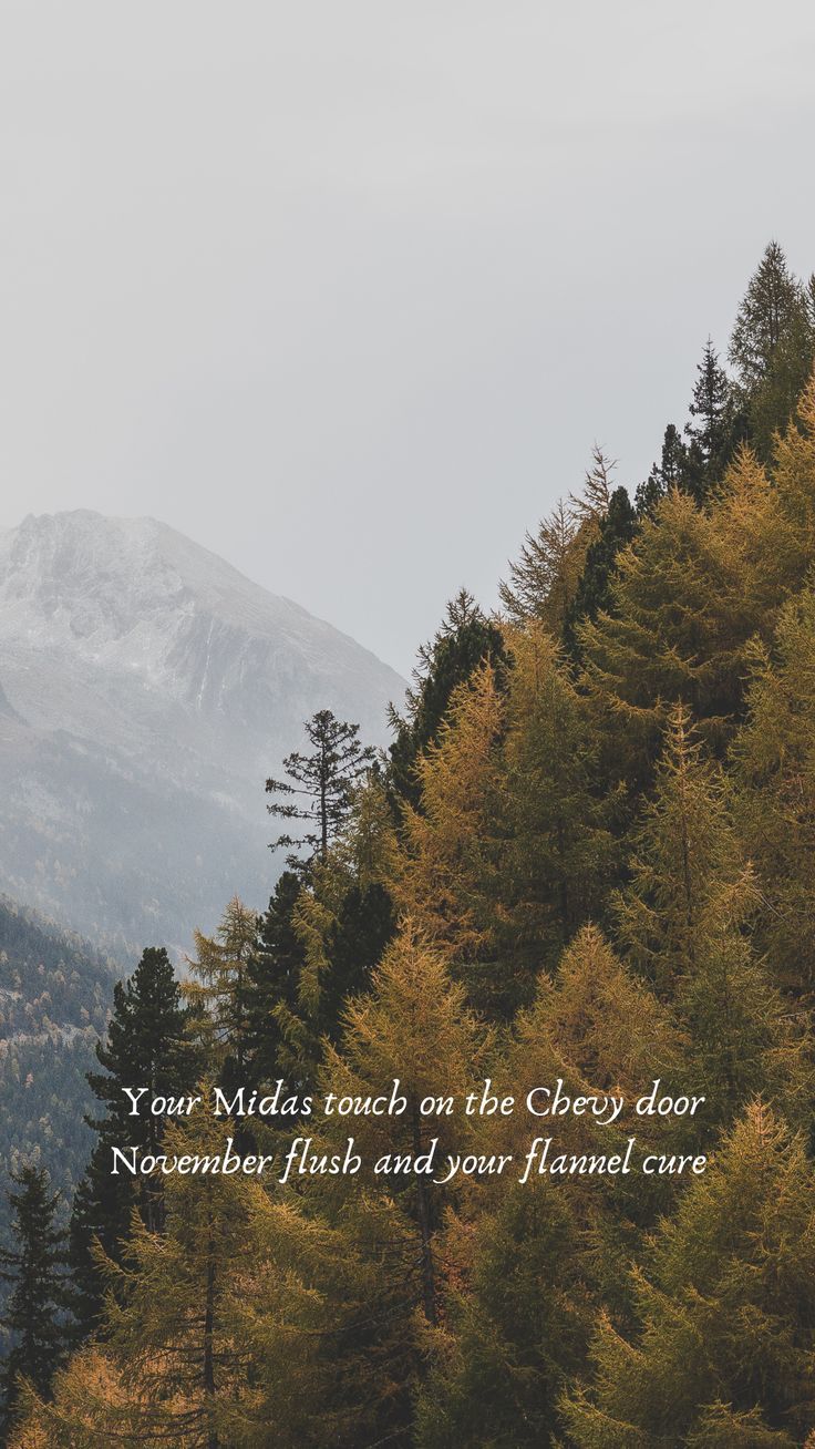 the mountains are covered in snow and trees with a quote written on it that reads, your midas touch the cherry door november flush and you have