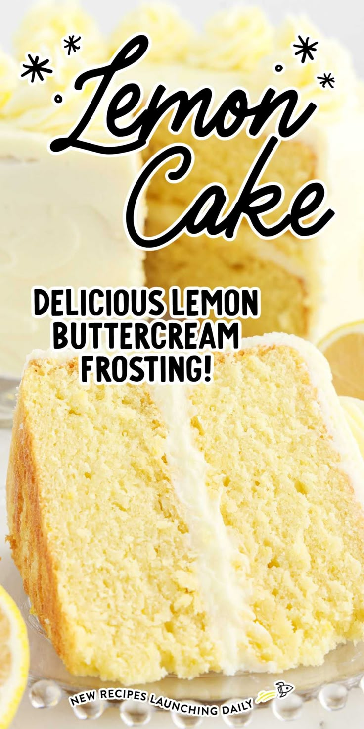 a lemon cake with white frosting on top and the words lemon cake below it