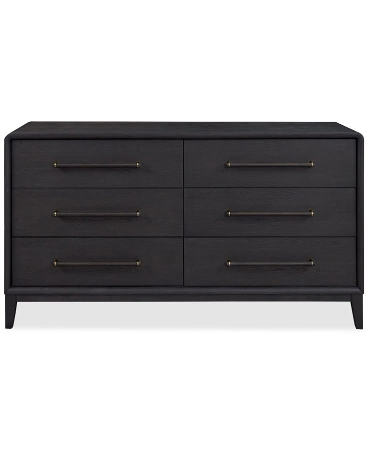 a black dresser with brass handles and drawers on it's sides, against a white background