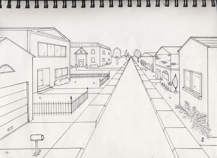 a pencil drawing of a street with houses and trees on the other side is shown