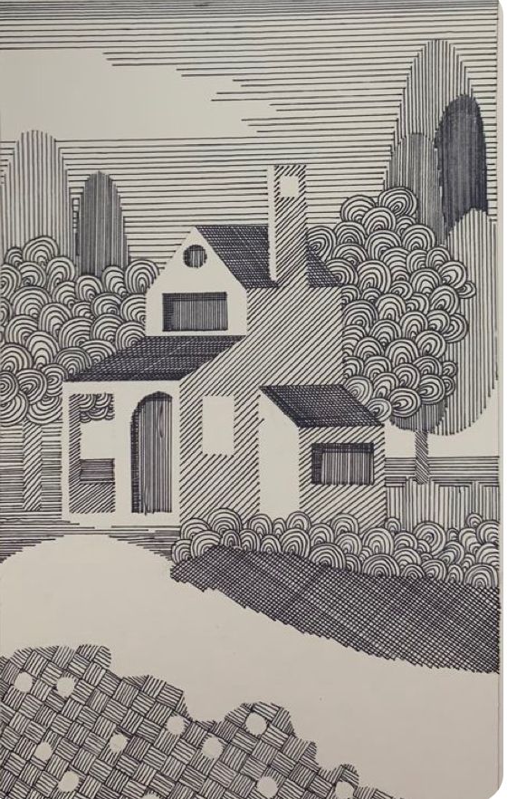 a black and white drawing of a house in the distance with trees on either side