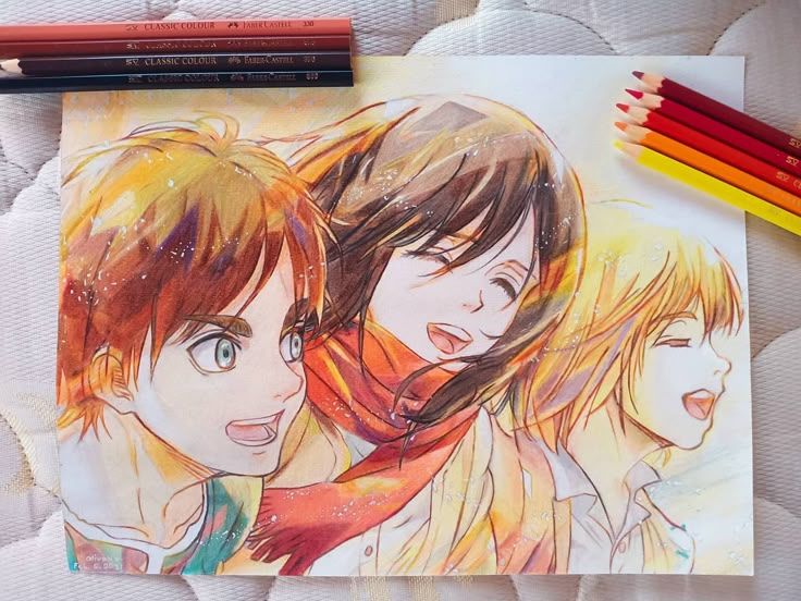 an artwork of Mikasa Ackerman, Eren Jeager, and Armin Arlert form the anime, Attack on Titan Color Pencil Drawing Anime, Colored Pencil Anime Drawing, Colored Pencil Anime Art, Color Pencil Anime, Manga Watercolor Anime Art, Anime Sketch Colored, Colored Pencil Anime, Anime Color Pencil Art, Attack On Titan Drawings