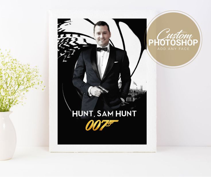 Get your face on James Bond! Show your dad or husband how much he's loved with this customized 007 digital poster. Receive a digital file of this '007' poster with a face swap of your choosing. Perfect for birthdays or father's day! SIZING: 8x10 inches Need a custom size? Send a message. SPECS: 300dpi 0.125in Bleed Included STEPS: Complete your purchase  Send the first and last name you want on the poster Send a high resolution image via Etsy messages DIGITAL DELIVERY: 48-72 hours turnaround time NOTE: No physical product will be shipped, this is a digital file. 007 Theme Party, 007 Theme, 007 Party, James Bond Party, Birthday Gift For Husband, Casino Royale Theme, James Bond Theme, Photoshop Poster, Face Swap