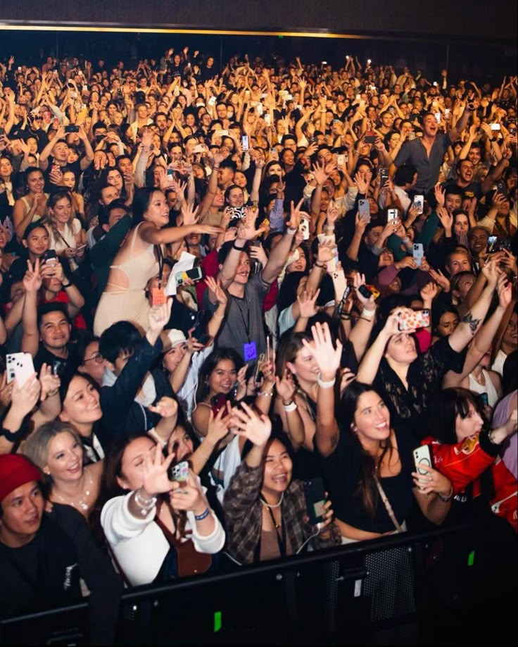 a large group of people at a concert with their hands in the air