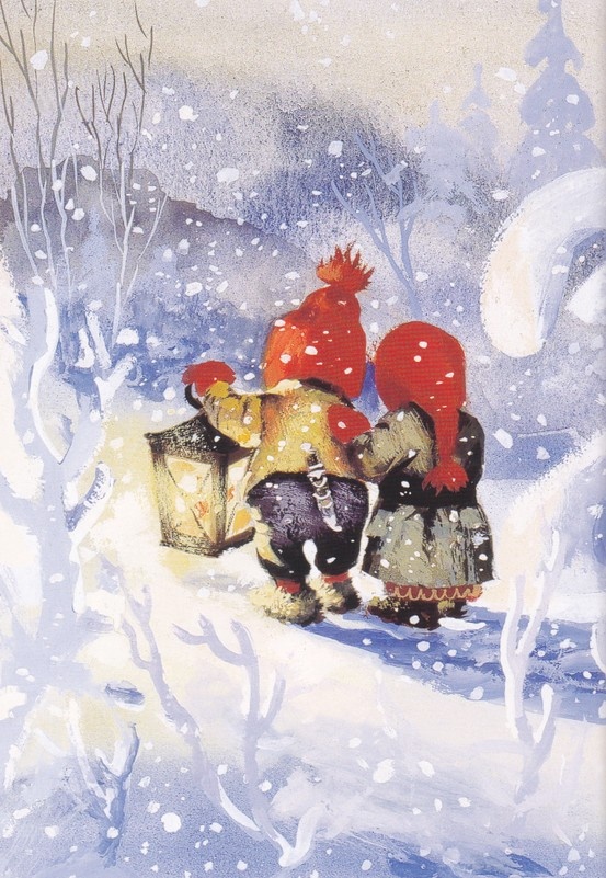 two children are walking in the snow with their hats on and one child is wearing a red hat