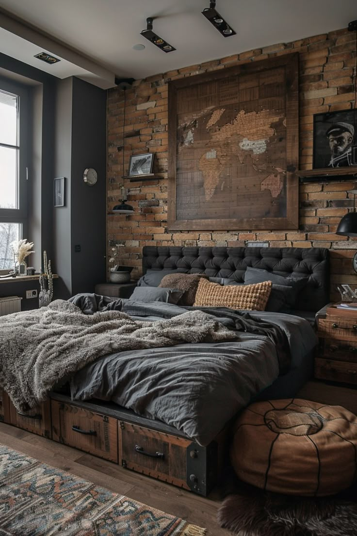 a bedroom with a large bed, wooden walls and an ottoman on the floor in front of it