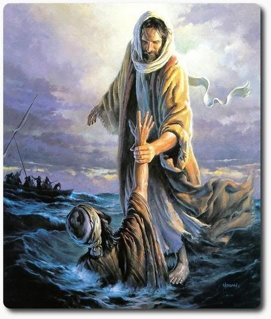 a painting of jesus walking on the water with his hands in his pockets and an inscription below