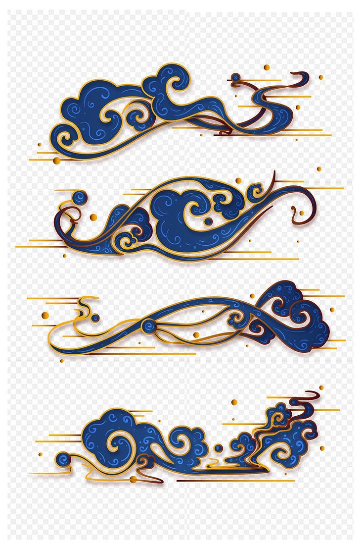 three blue and gold designs with swirls on the bottom, one in the middle