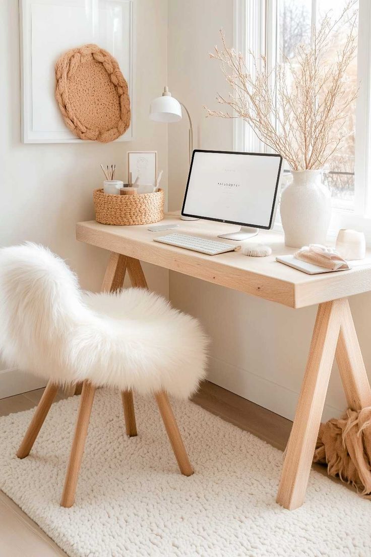 25+ Minimalist Dream Home Office Decor Inspirations for a Calm Workspace Calm Office Space, Modern Boho Office, Calm Workspace, Green Office Decor, Minimal Home Office, Dream Home Office, Warm Minimalist Home, Studio Deco, Small Business Office