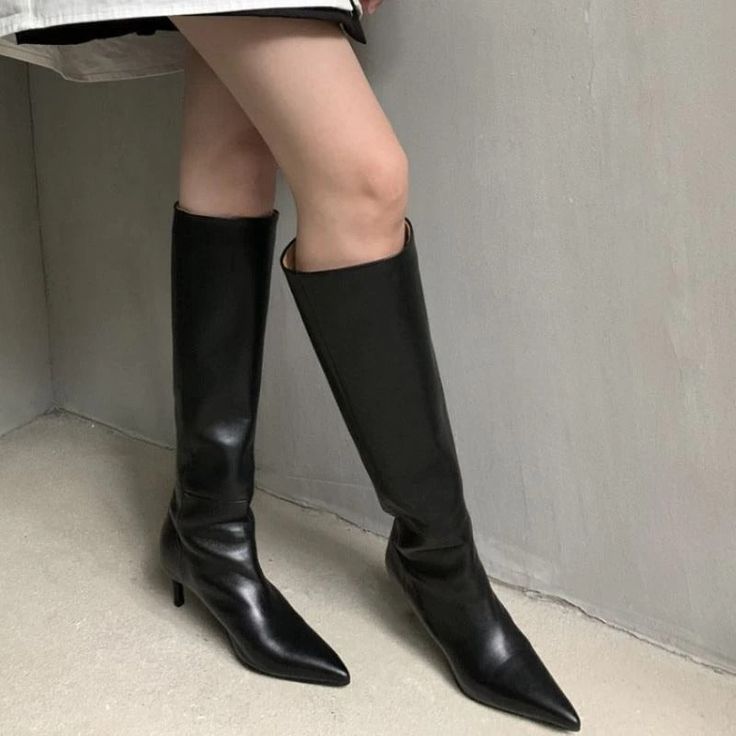 Lita Knee High Boots Upper Material: GENUINE Cow LeatherLining Material: MicrofiberInsole Material: PUOutsole Material: RubberHeel height: About 5.5 cmPlatform: About - cmShaft height: About 35.5 cmBoots Openning: About 36 cm We pay your attention to the fact that different computer screens can display different colors even though this is one and the same color. Therefore the color of the received good can be a little bit different than the good on the photo. Ladies Long Boots, Ladies Heels, Daily Shoes, Woman Boots, Perfect Heels, Pointed Heels, Knee High Leather Boots, Genuine Leather Shoes, Black Boots Women