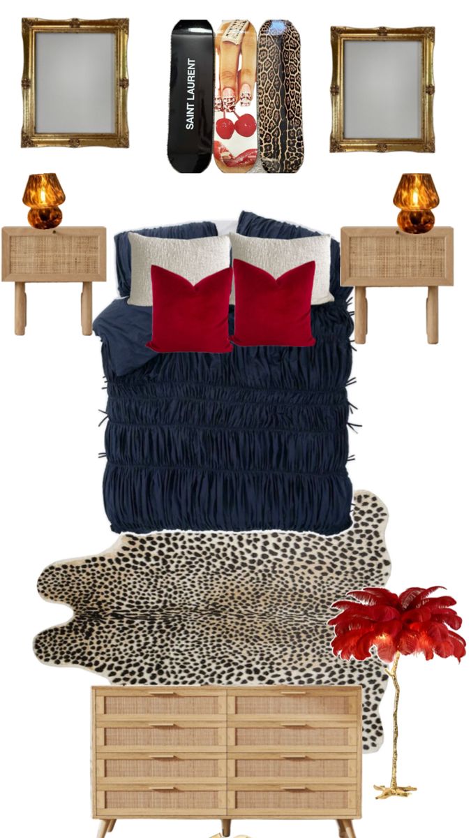 a bedroom with leopard print and red pillows