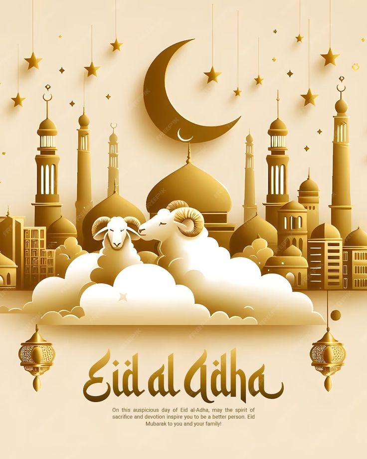 an eid al adha greeting card with sheep and mosques in the background