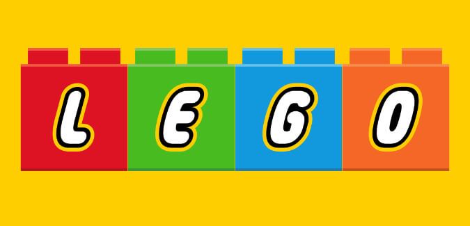 the word lego spelled out in blocks on a yellow background with red, green, blue, and yellow letters