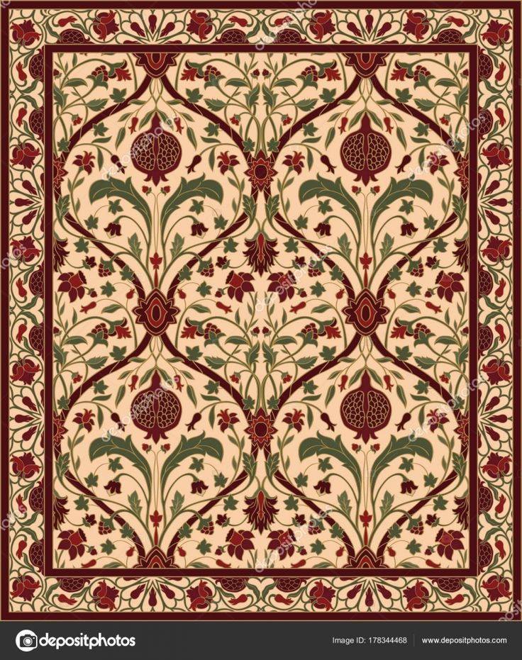 an intricately designed carpet with red flowers and leaves on beige background stock photo - 559