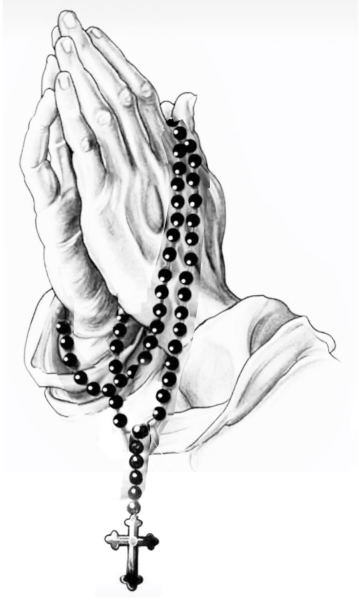 a drawing of the hands of an old woman holding a rosary with a cross on it