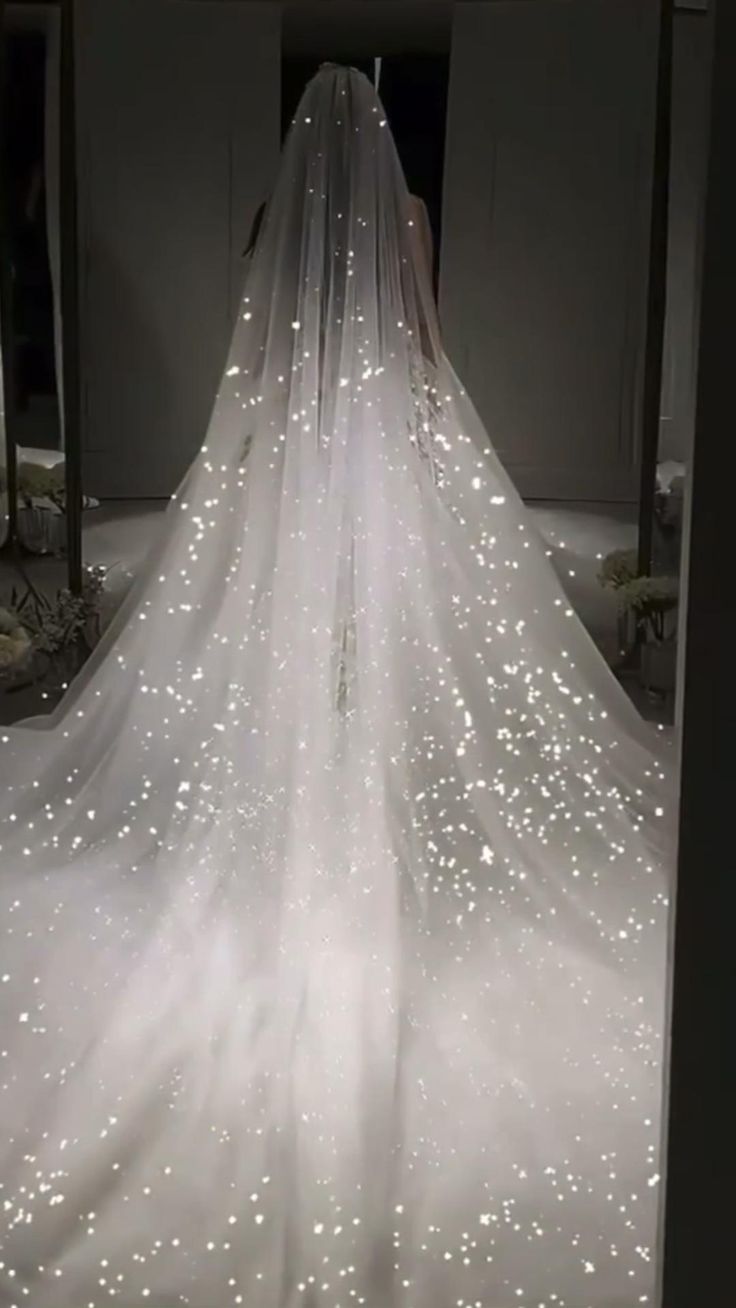 the back of a wedding dress is shown with white sparkles on it and in front of a mirror