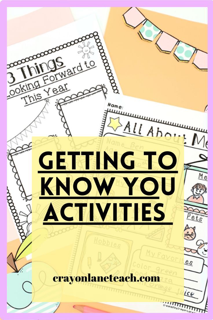 the words getting to know you activities are shown in black and white, with text overlay