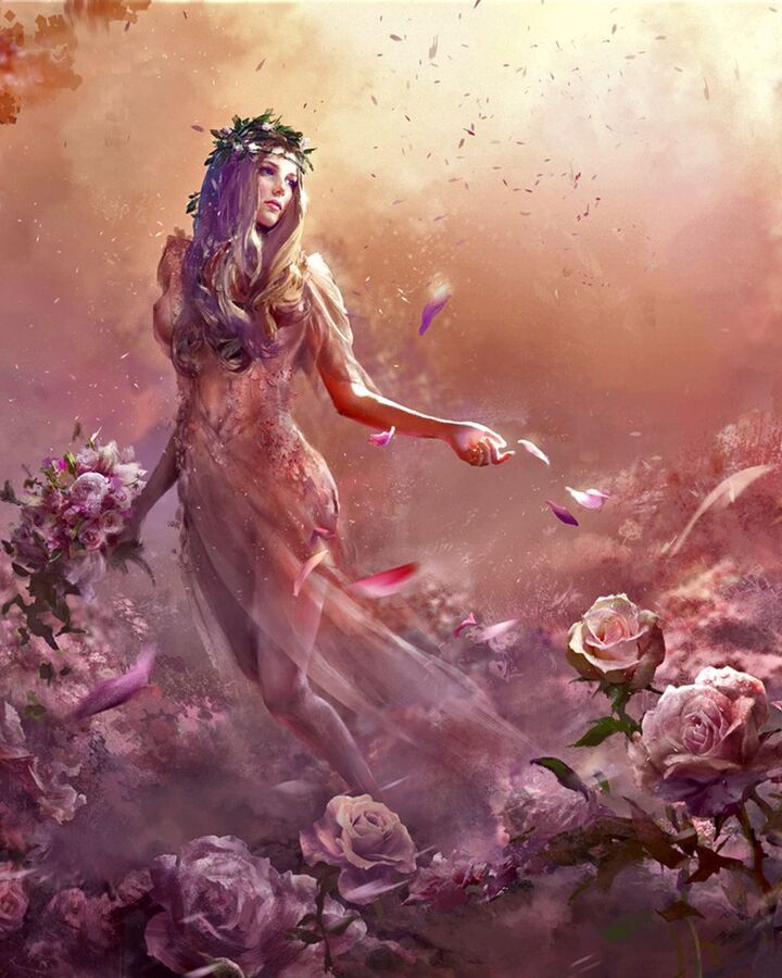 a woman in a long dress surrounded by pink flowers and butterflies, with her arms outstretched