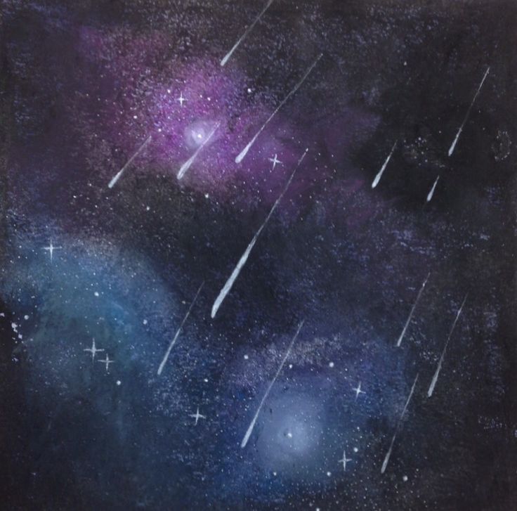 an abstract painting with stars and rain falling from the sky in purple, blue and black colors