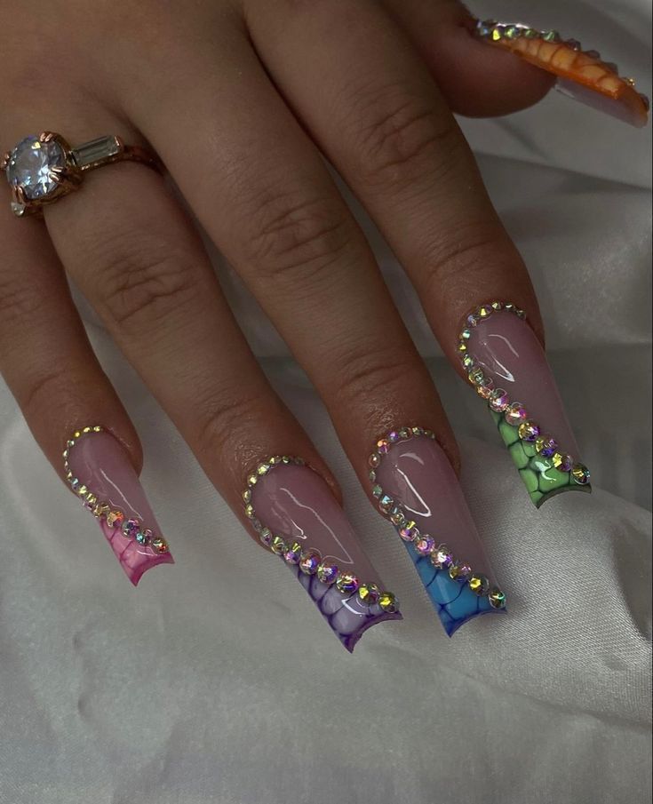 Cute Colorful Nails, Acrylic Toe Nails, Girly Acrylic, Nails Design With Rhinestones, Colored Acrylic Nails, Colored Acrylic, Girly Acrylic Nails, French Tip Acrylic Nails, Colorful Nails