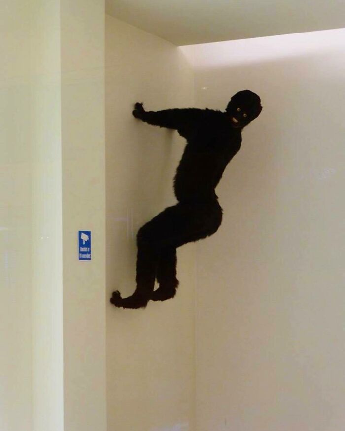 a man dressed as a gorilla hanging on the wall