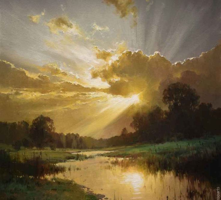 a painting of the sun shining through clouds over a body of water with grass and trees in the foreground