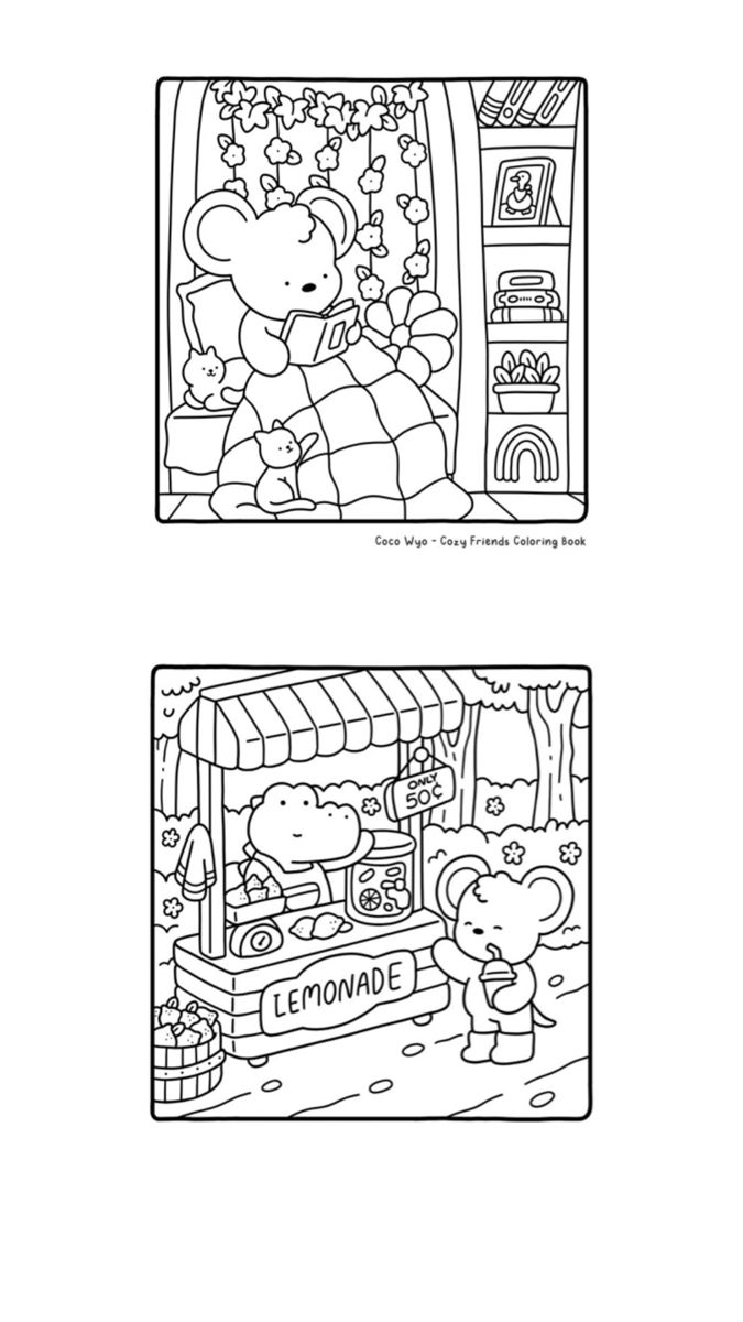 two coloring pages with cartoon characters in the same area, one is black and white