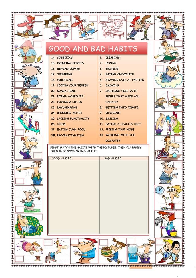 a poster with the words good and bad habitts on it, including pictures of people