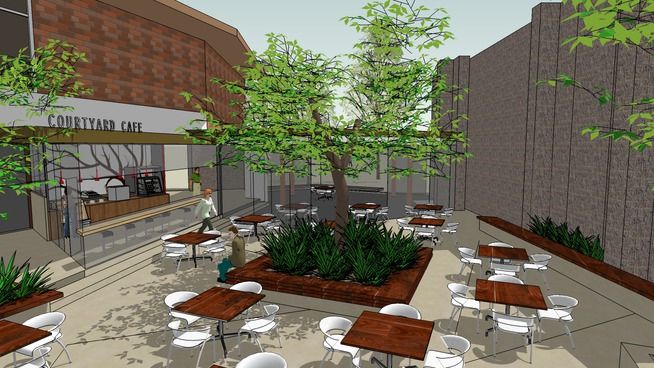 an artist's rendering of a courtyard with tables and chairs in the foreground