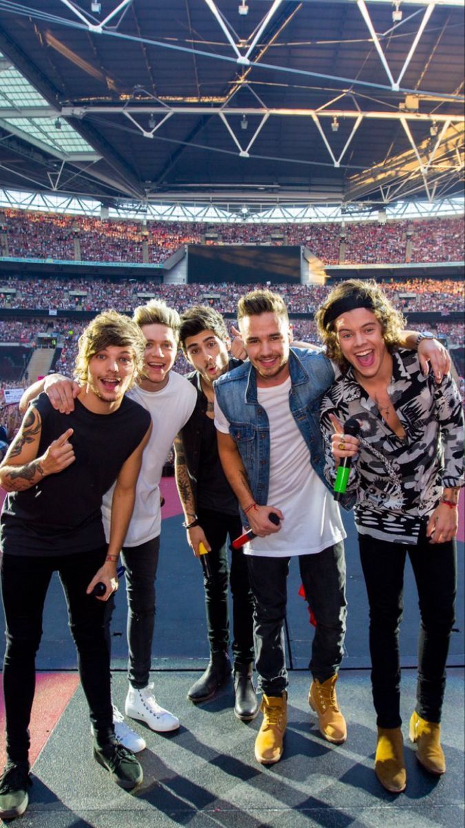 one direction band members pose for a photo in front of the crowd at a concert