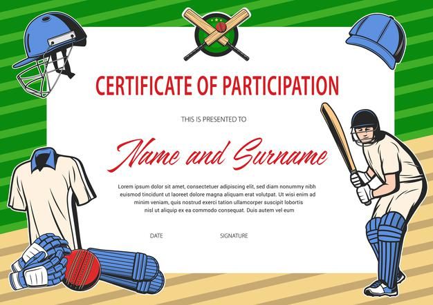 a certificate for a baseball player with the image of a bat and helmet on it