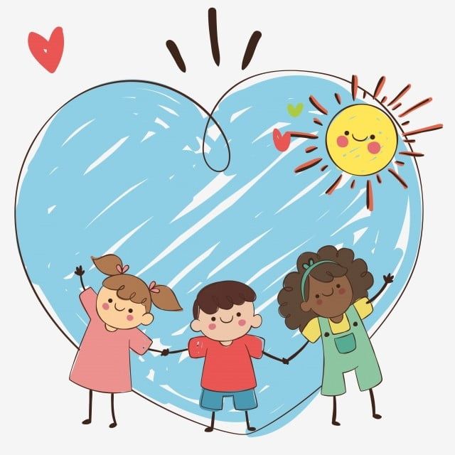 three children holding hands in front of a heart with the sun and clouds above them