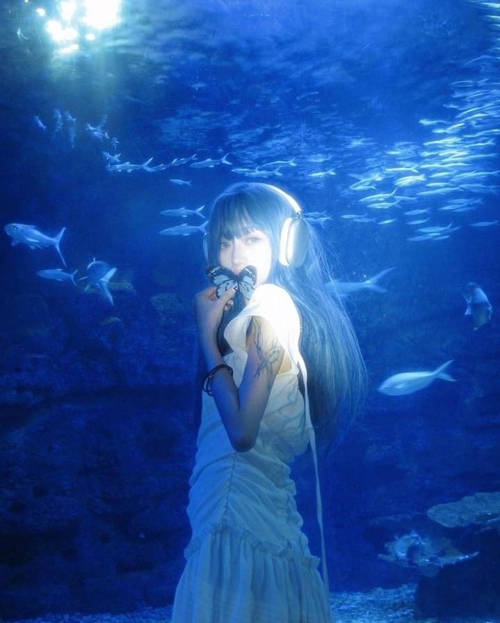 a woman is standing in front of an aquarium talking on her cell phone and listening to headphones