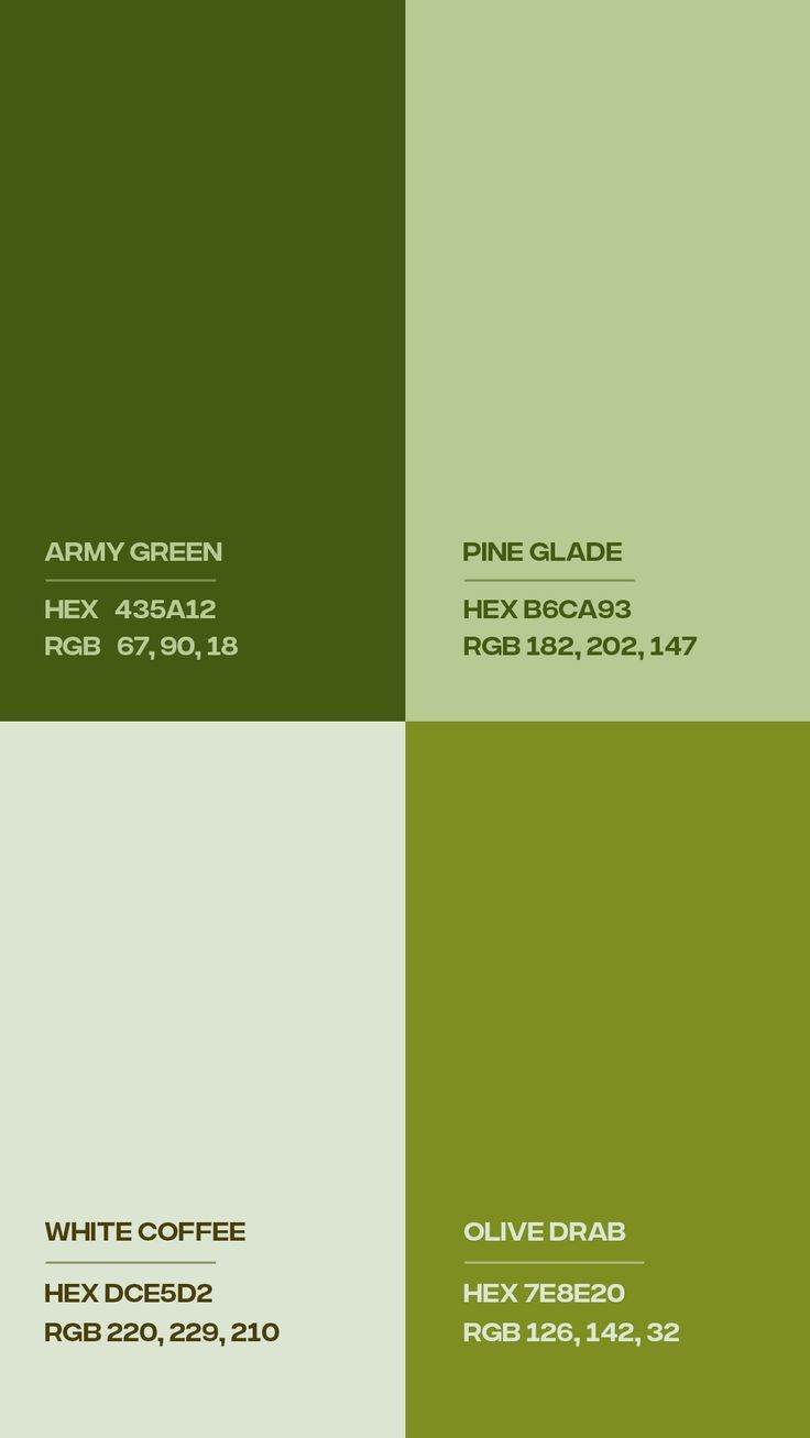 Color Palette Library #8 — ALIMAYDIDTHAT Colors used : Army Green , Pine Glade , White Coffee , Olive Drab Color Palette Of Green, Mint And Olive Green Color Palettes, Colors Green Palette, Fresh Green Color Palette, Green Earth Tone Color Palette, Green Yellow Brown Color Palette, Healthy Food Color Palette, Infographic Color Palette, Color Green Palette