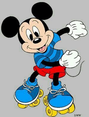 a cartoon mickey mouse with blue and red pants on top of his feet, standing in front of a white background